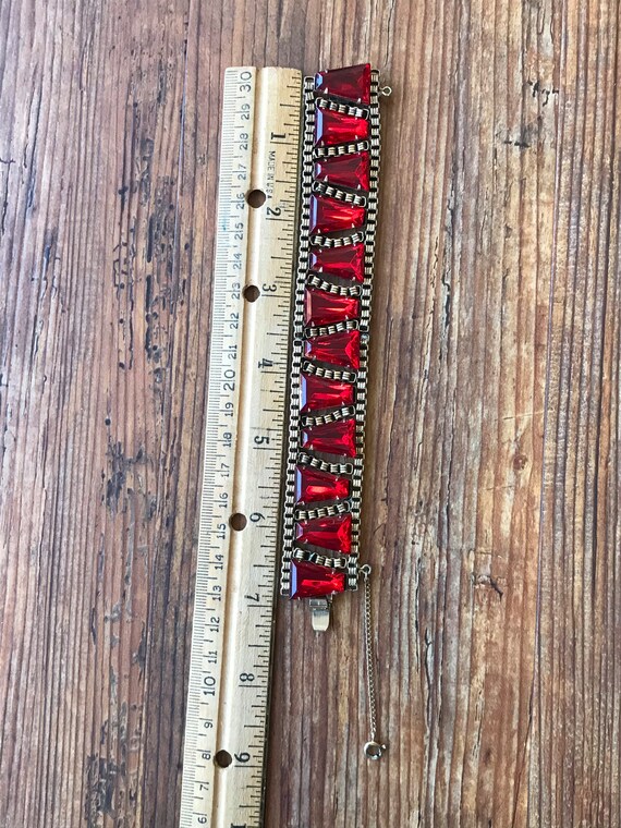 Vintage Bracelet with Ruby Red Triangular Glass P… - image 8