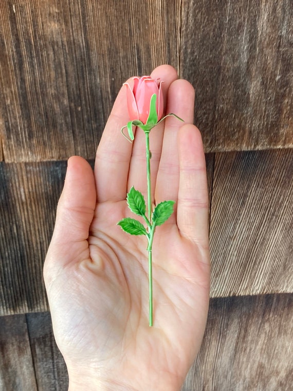 Vintage Enameled Rose Brooch with Long Stem, Green