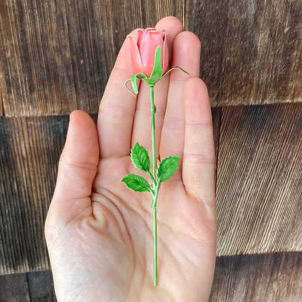 Vintage Enameled Rose Brooch with Long Stem, Green Leaves and Furled Pink Metal Petals, Some Enamel Wear #4075