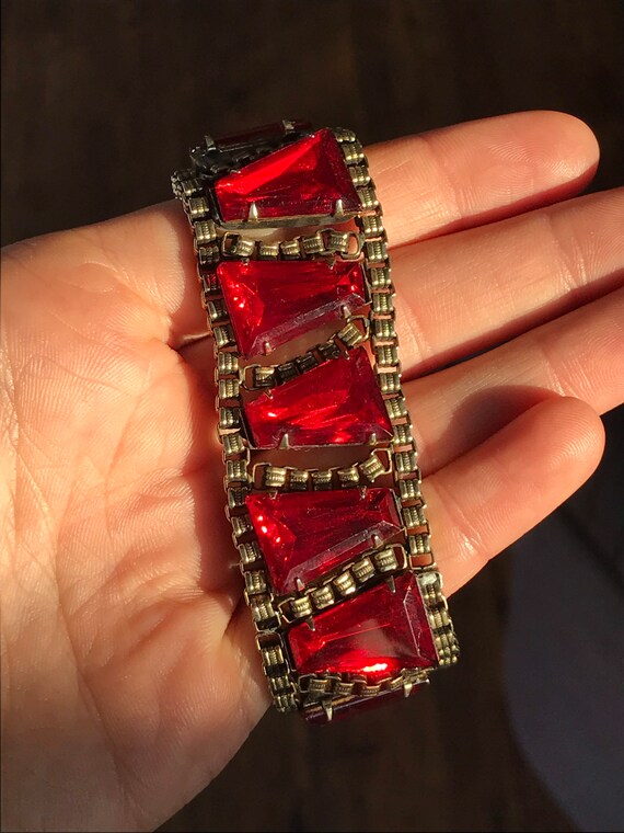 Vintage Bracelet with Ruby Red Triangular Glass P… - image 7