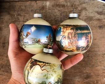 Set of Three Vintage Christmas Ornaments Depicting Christmas Story, Mary and Angel, Nativity, Wisemen, Old Fashioned #2068