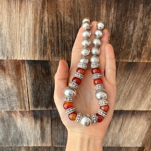 Vintage Necklace with Large Spherical Sterling Silver and Carnelian Stone Beads #4368