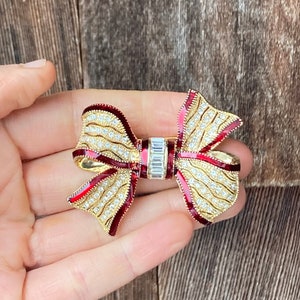 Vintage Graziano Ribbon Bow Brooch with Glossy Red Enamel and Rhinestone Studded Gold Toned Metal #3933