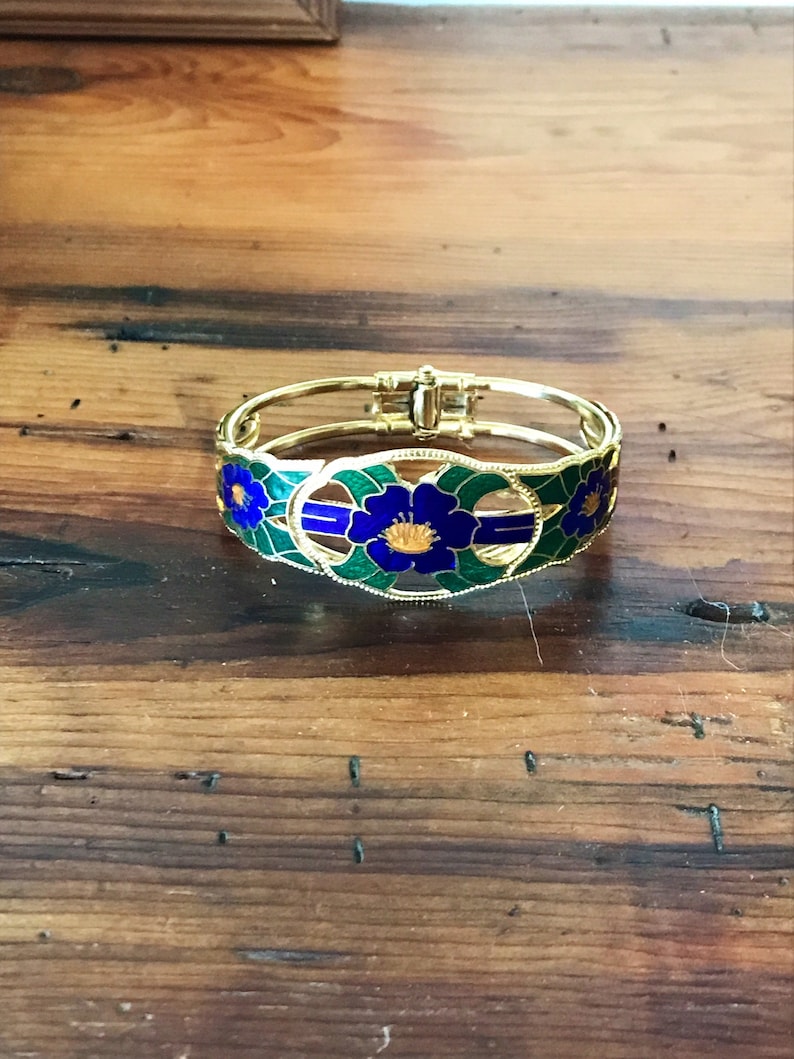 Vintage Enamel Cloisonné Hinged Bracelet with Dark Blue Flowers, Deep Green, Gold Toned Metal, Pretty Cut Outs 2217 image 2