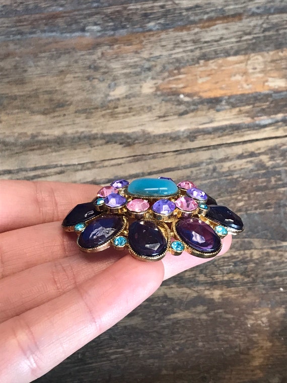 Vintage Costume Jewelry Brooch with Layered Rhine… - image 3