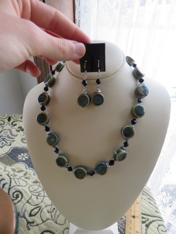 Vintage Glazed Pottery-like Necklace and Earrings 