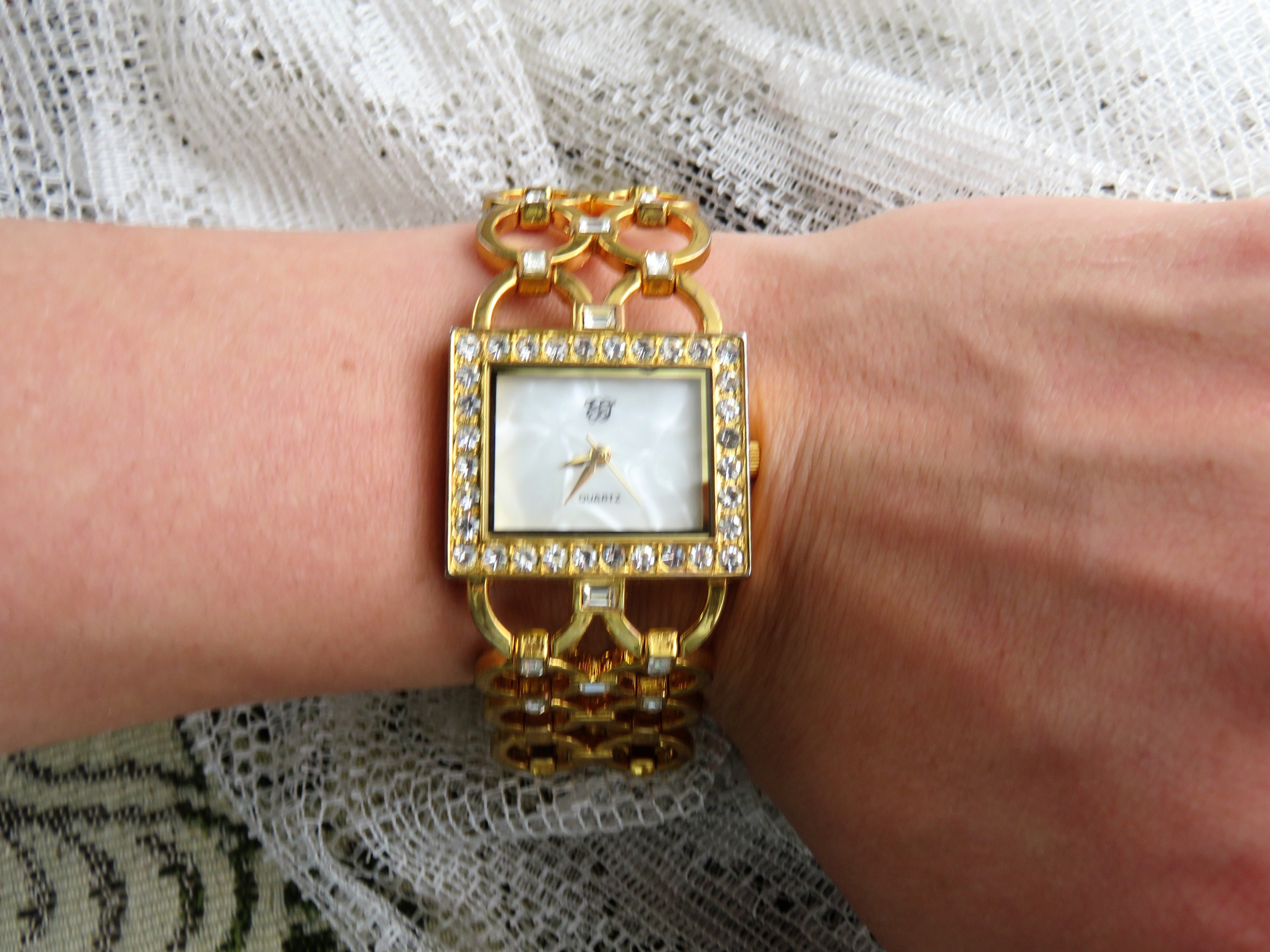 Vintage EJ Quartz Watch with Wide Linked Band, Square Watch Face, Faux Diamonds, and Pearly Background, Loose Fit, Not Working #287 5319 Vintage EJ Quartz Watch with Wide Linked Band, Square Watch Face, Faux Diamonds, and Pearly Background, Loose Fit, Not Working #287 5319