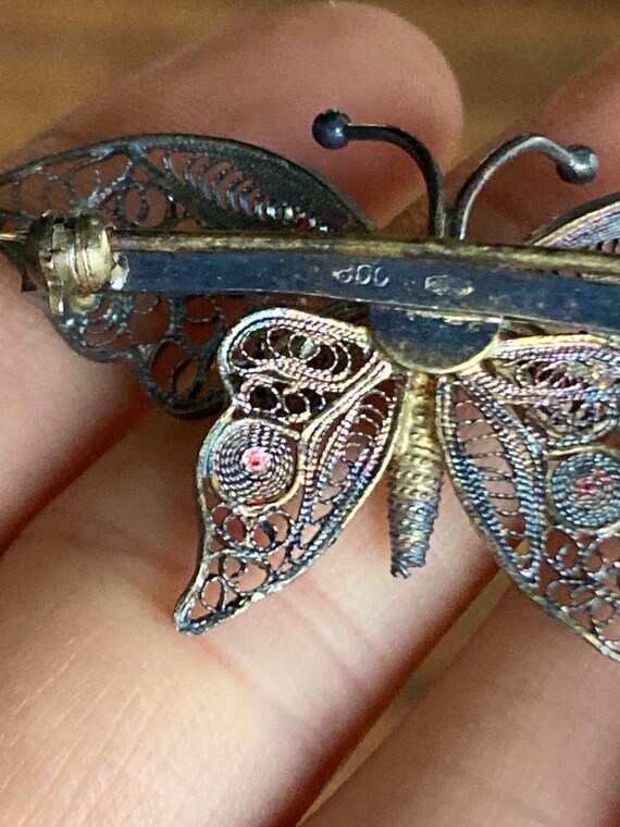 Vintage Silver Filigree Butterfly Brooch with Pal… - image 7