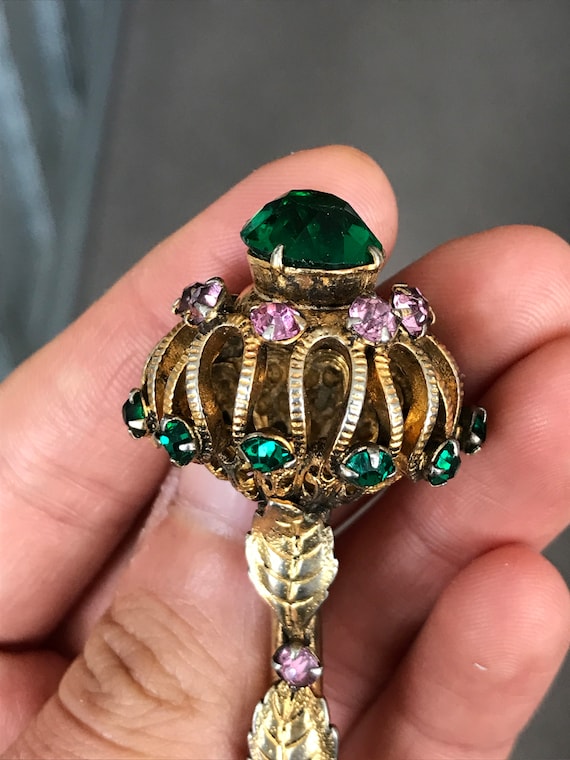 Vintage Crown with Long Base Brooch with Emerald … - image 2