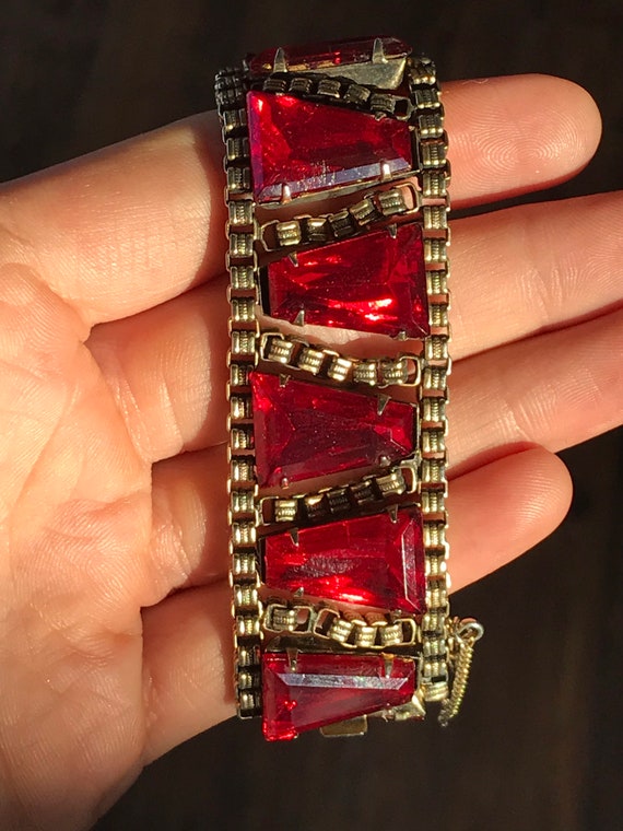 Vintage Bracelet with Ruby Red Triangular Glass P… - image 4