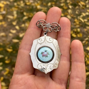 Vintage Sterling and Enameled Guilloche Locket Brooch with Etched Metal, Aqua Blue Enamel and Painted Rose #3574