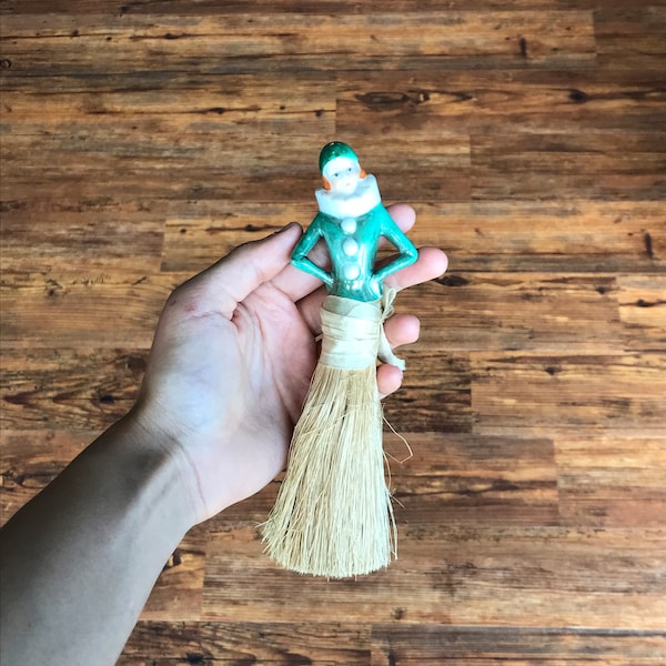 Vintage Porcelain Half Doll Whisk Broom with 1920s Style Green Dress #3438