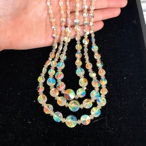 Vintage Triple Strand Aurora Borealis Beaded Necklace with Beautiful Rainbow Finish and Adjustable Length #2931