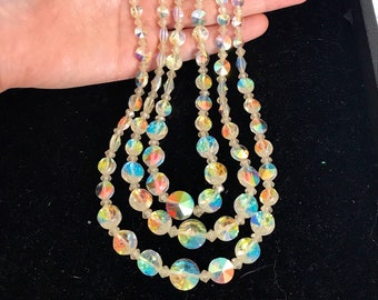 Vintage Triple Strand Aurora Borealis Beaded Necklace with Beautiful Rainbow Finish and Adjustable Length #2931