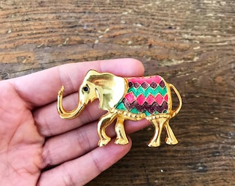 Vintage Don Lin Costume Jewelry Elephant Brooch with Colorful Enamel Blanket and Shiny Gold Toned Metal #2093