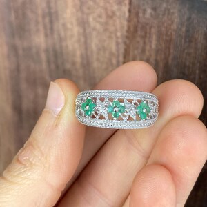 Vintage Size 9 1/4 Sterling Ring with Mint Green Rhinestone Flowers and Tiny Metal Dots, Filigree #4364