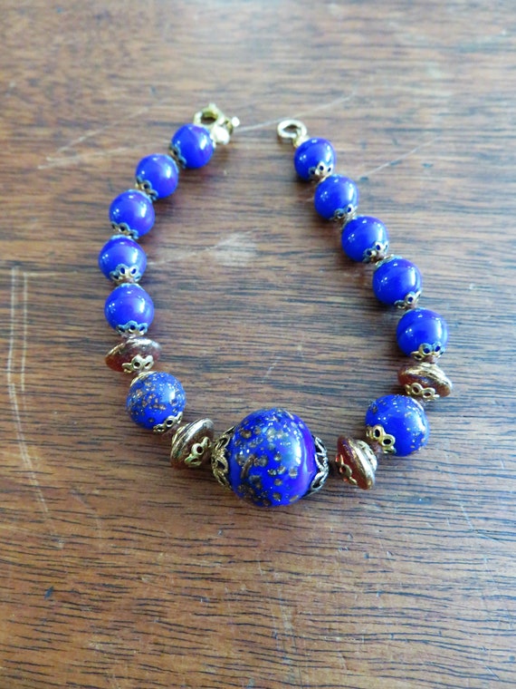 Vintage Cobalt/Royal Blue Beaded Bracelet with Fle