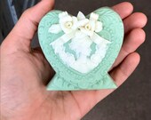 Vintage Wedgewood-like Imitation Heart Shaped Little Vase with Mint Green Base, Cameo, and White Bow and Roses As Is 2297