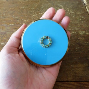 Vintage Stratton Powder Compact with Turquoise Cover, Gold Metal and Turquoise Rhinestones, Missing Stone As Is, England #297