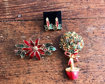 Vintage Set of Christmas Costume Jewelry, Candle Earrings, Potted Holly Tree, Enameled Poinsettia, Gold, Green, Red, Festive #2009