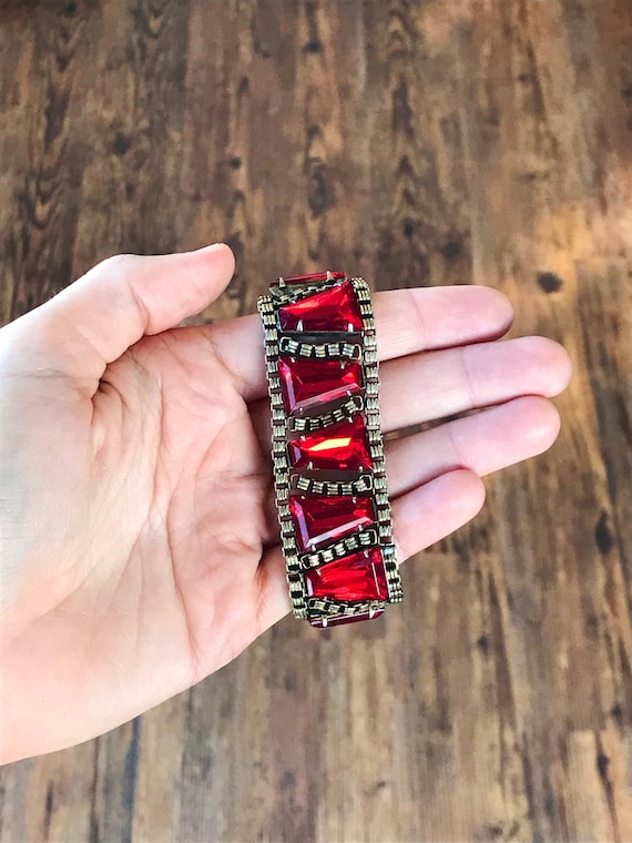 Vintage Bracelet with Ruby Red Triangular Glass P… - image 1