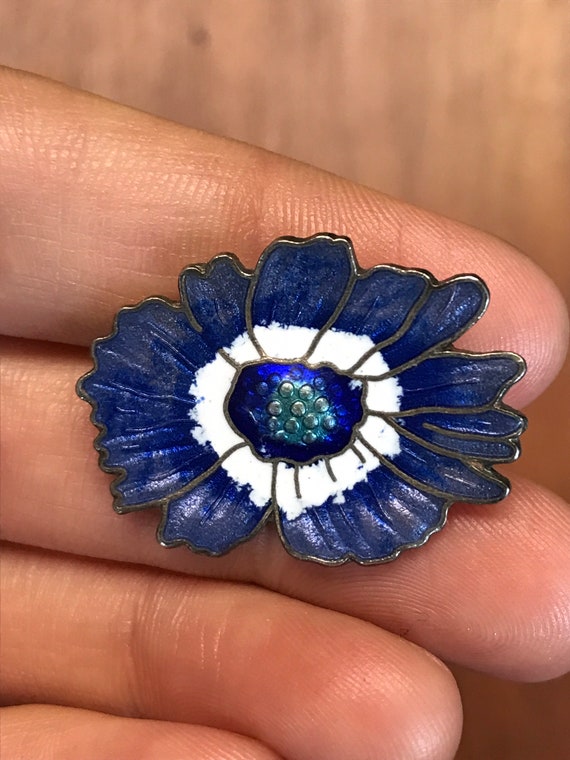 Large Vintage Blue Enamel Cloisonné Flower Pierce… - image 6