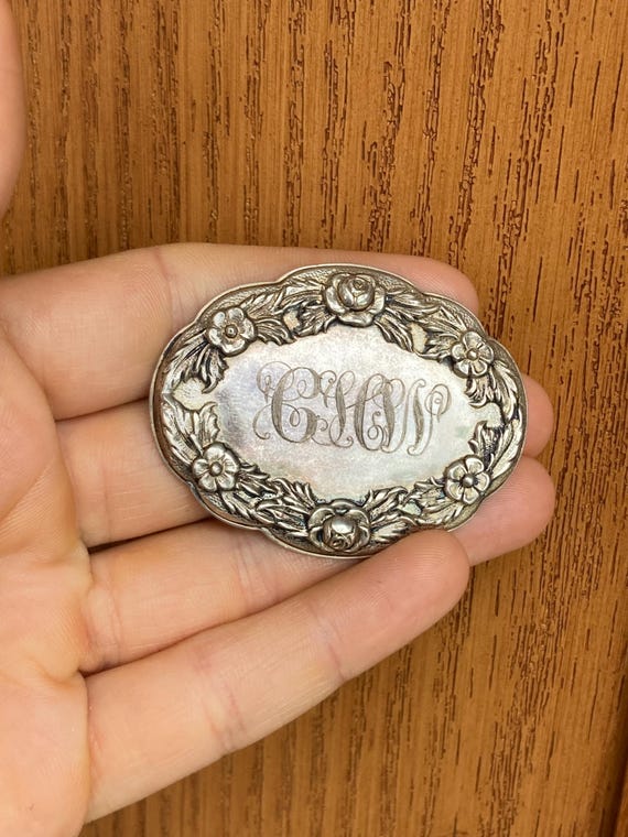 Antique  Floral Engraved Oval Brooch Sterling Silver 14F Vintage Sterling Silver Floral Brooch: Etched Oval Design - Etsy main image 4