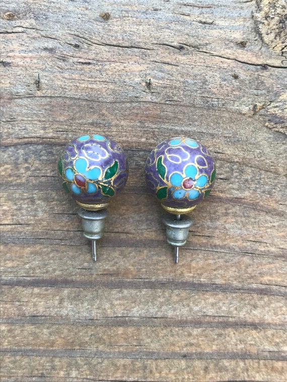 Pair of Enamel Cloisonné Ball Stud Earrings, Larg… - image 4