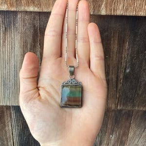 Vintage Sterling Necklace with Square, Striped, Rainbow Fluorite Pendant #4377