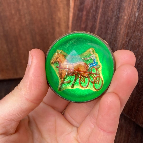 Vintage Bridle Rosette Brooch with Domed Glass and Flashy Bright Green Base, Man in Cart Behind Harnessed Horse, Unique and Collectible4111