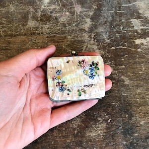 Sweet Vintage Mother of Pearl Change Purse with Floral Painted Front, Old Fashioned Clasp, Tiny Pocketed Red Interior, As Is #1081