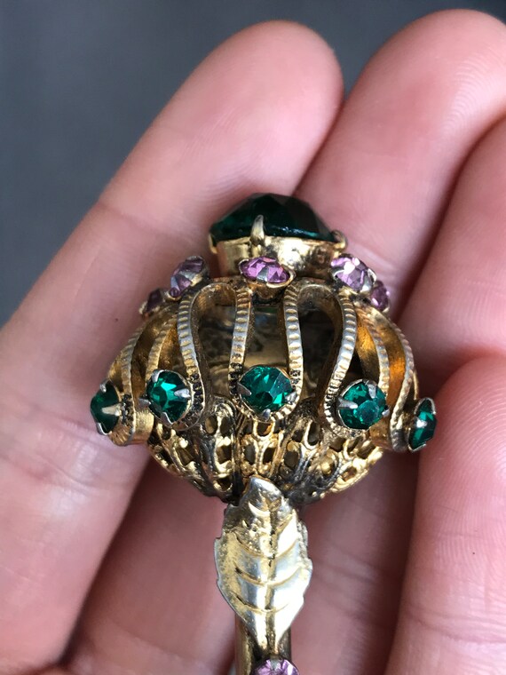 Vintage Crown with Long Base Brooch with Emerald … - image 7