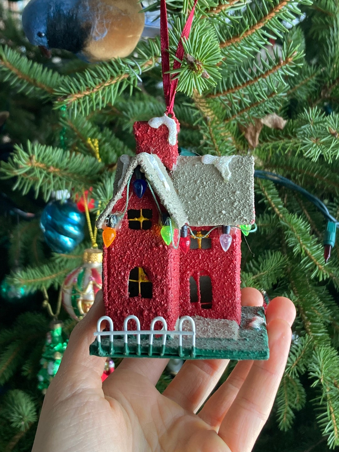 Vintage Christmas House Ornament With Red Textured Sides, Colored Light