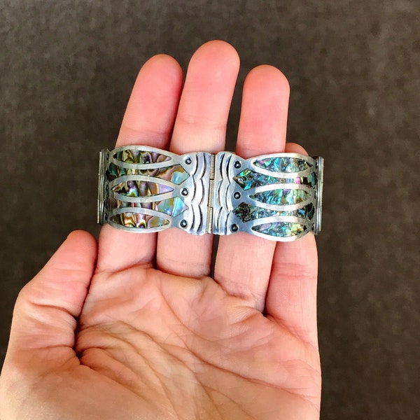 Vintage Made in Mexico ‘CJB Diaz Santoyo’ Sterling Bracelet with Flexible Hinged Panels and Beautiful Abalone Inlay #3295