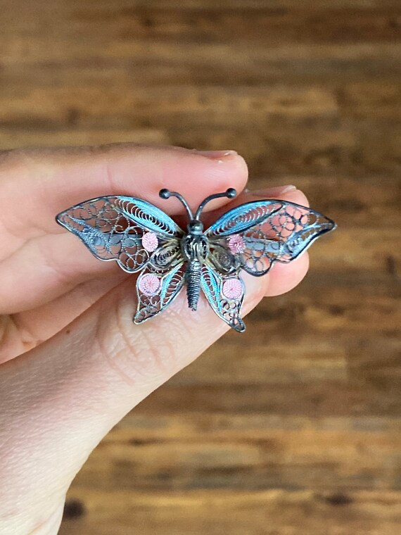 Vintage Silver Filigree Butterfly Brooch with Pal… - image 2