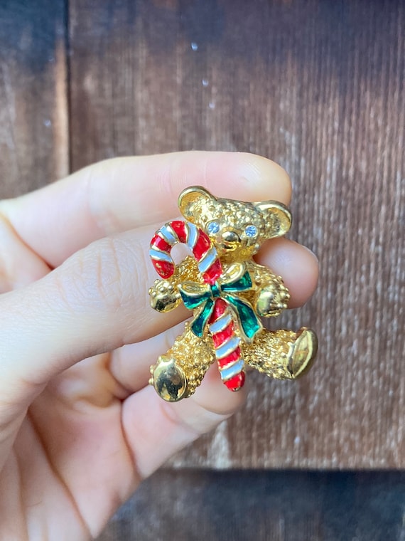 Vintage Gold Toned Christmas Teddy Bear Brooch wit