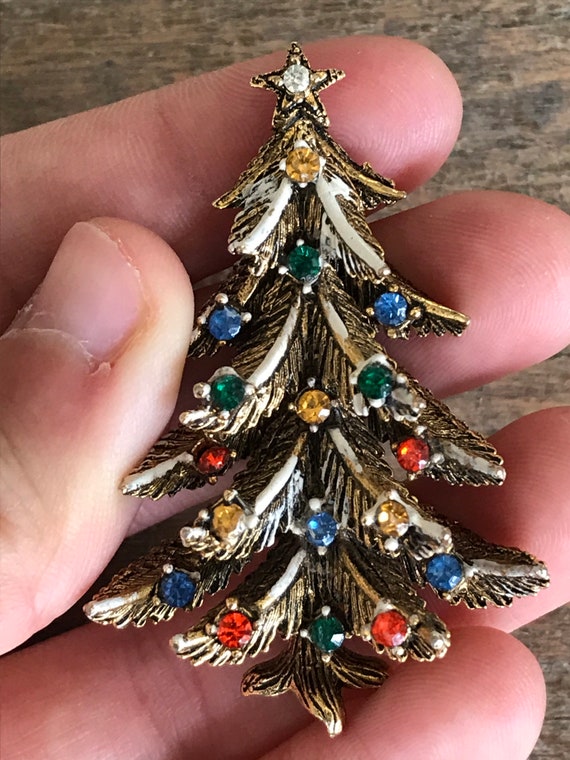 Sweet Vintage Art Christmas Tree Brooch with Oran… - image 4