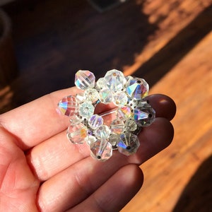 Vintage Aurora Borealis Beaded Brooch with Open Center, Silver Toned Base and Rainbow Sparkle #2224