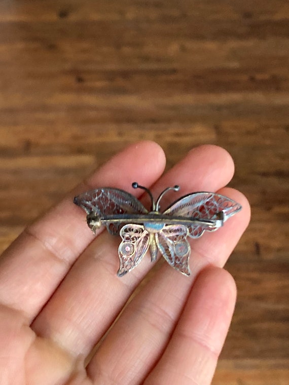 Vintage Silver Filigree Butterfly Brooch with Pal… - image 6