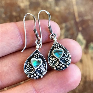 Vintage Dangling Sterling Earrings with Abalone Shell Hearts and Detailed Metalwork, Teardrop Shaped #2193