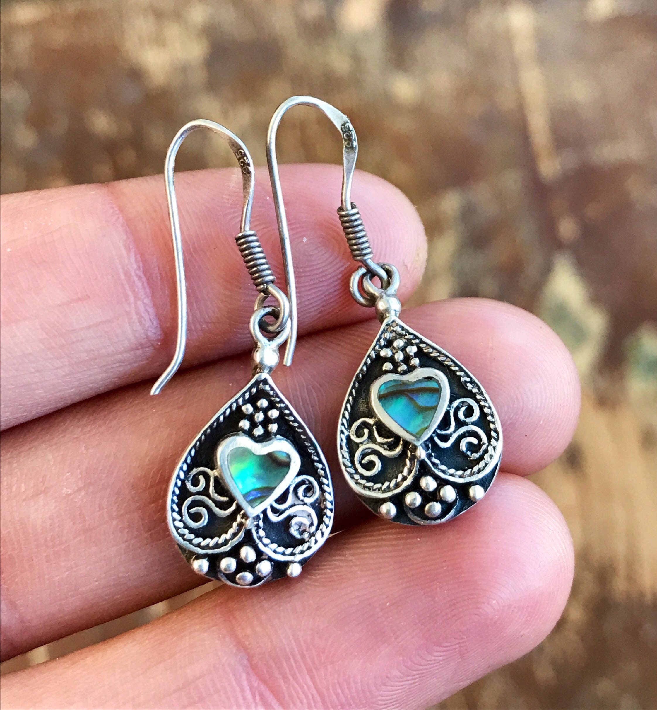 Vintage Dangling Sterling Earrings With Abalone Shell Hearts