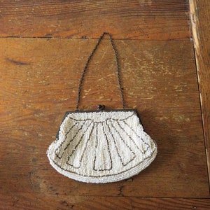 Vintage Beaded Petite Evening Change Purse with Dark Metal, Made in Belgium, Old Fashioned, Very Cute, White with Beaded Design  #370