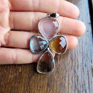 Vintage Sterling Silver Cross Pendant with Rounded Edges and 4 Pastel Colored Bevel-cut Glass Sections  #177