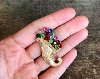 Vintage B David Cornucopia Brooch Overflowing with Colorful Rhinestones, Light Gold Metal, Embossed and Detailed, Lightweight # 1229