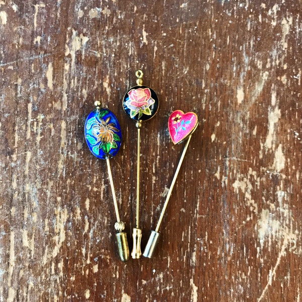 Set of Three Vintage Enamel Cloisonné Stick Pins with Detailed Floral Design, Gold Toned, One is a Heart Locket #2221