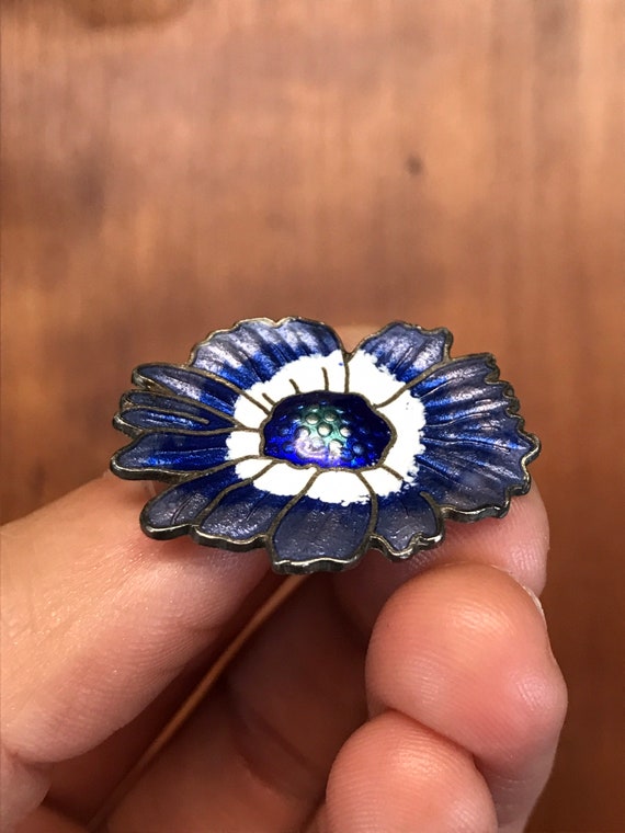 Large Vintage Blue Enamel Cloisonné Flower Pierce… - image 5