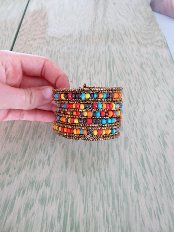 Vintage Wide, Vibrantly Colored, Beaded Cuff Brace