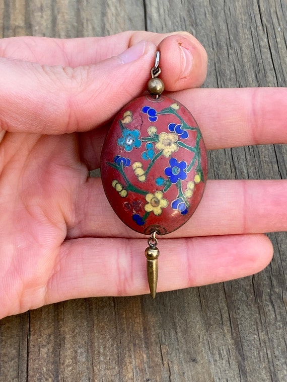 Vintage Enamel Cloisonné Large Oval Pendant with R