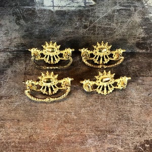 Vintage Set of 4 Old Fashioned Decorative Dresser Handles with Shiny Gold Toned Finish, Very Ornate, One Missing Handle, As Is #1130