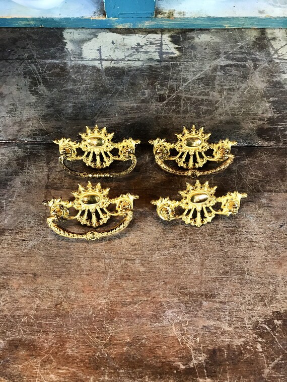 Vintage Set of 4 Old Fashioned Decorative Dresser Handles With Shiny Gold  Toned Finish, Very Ornate, One Missing Handle, as is #1130 - Etsy